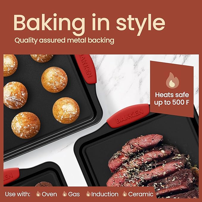 Baking Set – 6 Piece Kitchen Oven Bakeware Set – Deluxe Non-Stick Black Coating Inside and Outside – Carbon Steel – Red Silicone Handles – PFOA PFOS and PTFE Free by Bakken