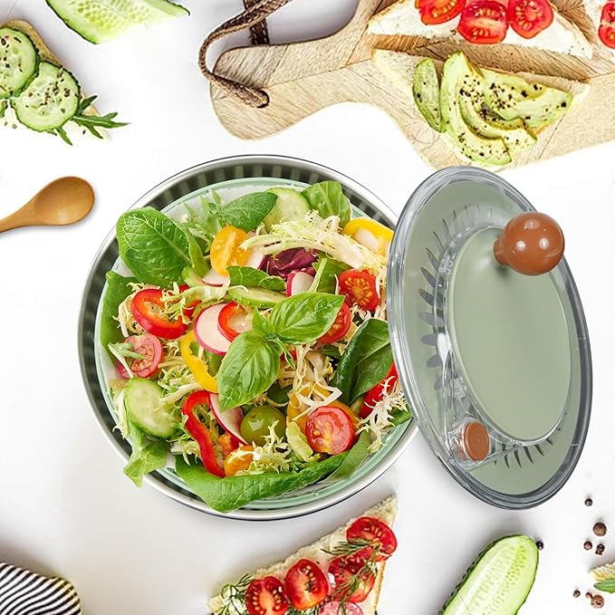Stainless Steel Salad Spinner Large, Salad Washer Spinner and Dryer, Lettuce Cleaner Spinner, Vegetable Dryer, Fruit Washer with Dipping Saucers and Clip Dishwasher Safe, 5.3Qt