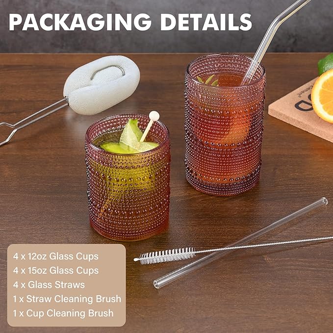 Vintage Hobnail Drinking Glasses Set of 8,Purple 12 oz & 15oz Highball Glass Cups, Kitchen Drinkware Glassware,Embossed Water Tumbler,for Beer,Cocktail,Whiskey,Juice and Various Mixed Drinks