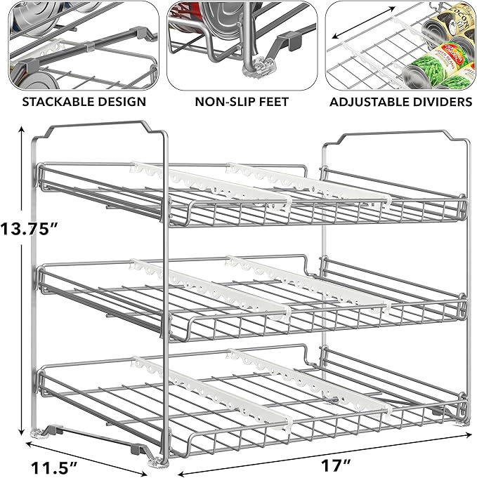 Simple Houseware Stackable Can Rack, Silver, Adjustable Plastic Dividers, Holds 36 Cans