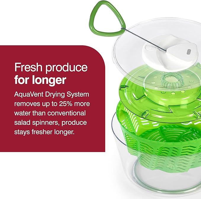 Zyliss Easy Spin 2 AquaVent Large Salad Spinner - Salad Spinner with Pull Cord - Salad Bowl for 4 to 6 Servings - Manual Vegetable and Fruit Dryer - Vegetable Spinner with Brake - Green, Large