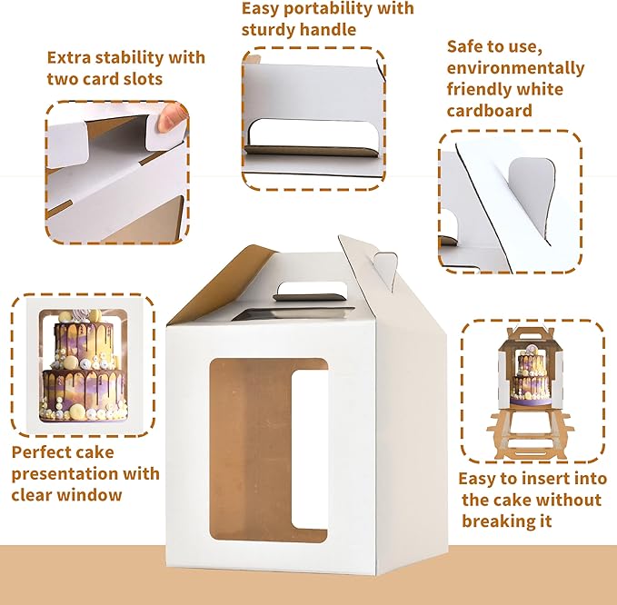 2 Pack Tall Cake Boxes for Tier Cakes,12 x12x12 Inches Large Tiered Cake Carriers with Windows,10in 12in Disposable Layer Tall Baking boxes with Handle,Durable Large cake box