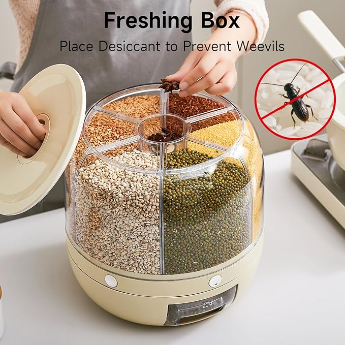 Rice Dispenser | 360° Rotating Grain Storage Bin - 6 Grids, 20LBS Large Capacity Food Container, Moisture-Proof, One-Click Output for Rice, Beans & Pet Food - Kitchen Pantry Organizer
