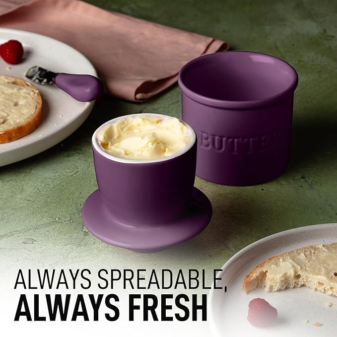 Zulay Kitchen Butter Crock With Lid & Spreader Knife for Countertop - Ceramic French Butter Dish Keeper For Fresh & Spreadable Butter - Purple