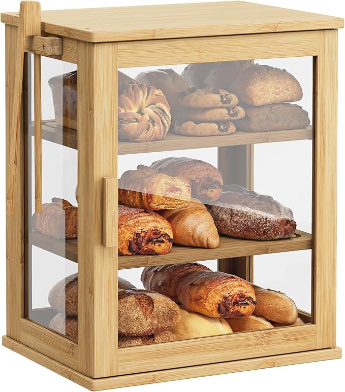WOWLIVE Bamboo Bread Box for Kitchen Countertop, Large 3 Layers Bread Storage Container for Homemade Bread with Window, Farmhouse Breadbox Organizer for Kitchen, Cabinet, Pantry (Natural, Meduim)