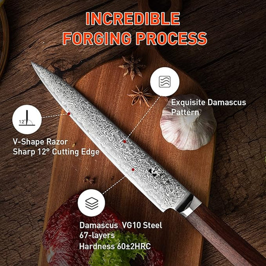 Slicing Knife 8 inch Damascus VG-10 Super Steel 67-Layer Damascus Slicing Carving Knife with Hexagon Natural Wood Handle for Beautiful Thin Slices of Pork, steak, brisket, and Poultry