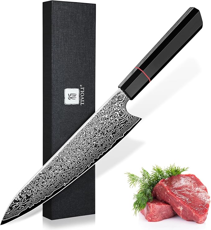 TIVOLI Damascus Chef Knife 8 inch,Japanese Hand Forged High Carbon Kitchen Knife With Octagonal Handle,Ultra Sharp Professional Cooking Knife With Premium Gift Box for Slicing, Dicing,Chopping