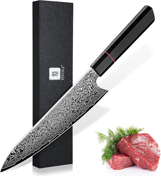 TIVOLI Damascus Chef Knife 8 inch,Japanese Hand Forged High Carbon Kitchen Knife With Octagonal Handle,Ultra Sharp Professional Cooking Knife With Premium Gift Box for Slicing, Dicing,Chopping