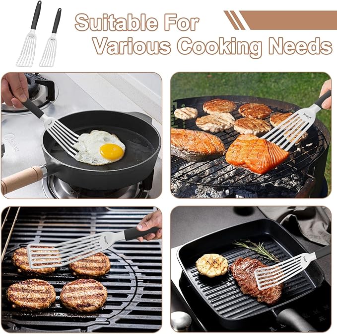 Beijiyi Stainless Steel Fish Spatula Set of 2, 13.5" & 11.7" Slotted Turner with Silicone Handle, Curved Blade, Metal Spatulas for Kitchen Use, Cooking Utensils for Flipping Fish, Burger and Grilling