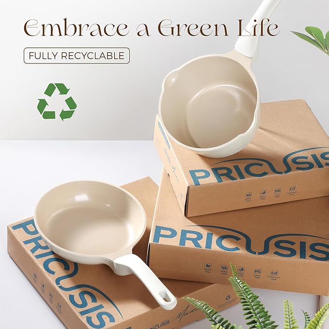 PRICUSIS Nonstick Ceramic Frying Pan with Lid, 8/10 Inch Skillet with Stay Cool Handle, Fully Coated, 100% Dishwasher Safe, Oven Safe, PTFE PFAS & PFOA Free (10 Inch, Coconut White