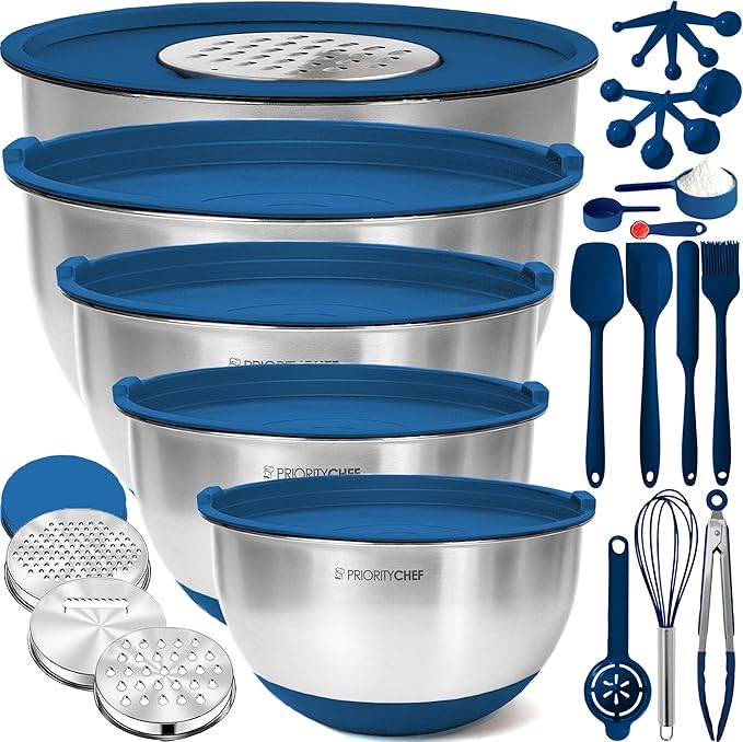 Priority Chef Stainless Steel Mixing Bowls with Lids Set, Metal Nesting Bowls with Airtight Lids, Graters, Non-Slip Base & Measurement Marks, Includes Utensil Set for Prep, Baking & Storage, Blue
