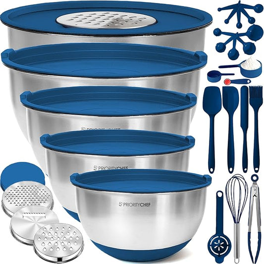 Priority Chef Stainless Steel Mixing Bowls with Lids Set, Metal Nesting Bowls with Airtight Lids, Graters, Non-Slip Base & Measurement Marks, Includes Utensil Set for Prep, Baking & Storage, Blue