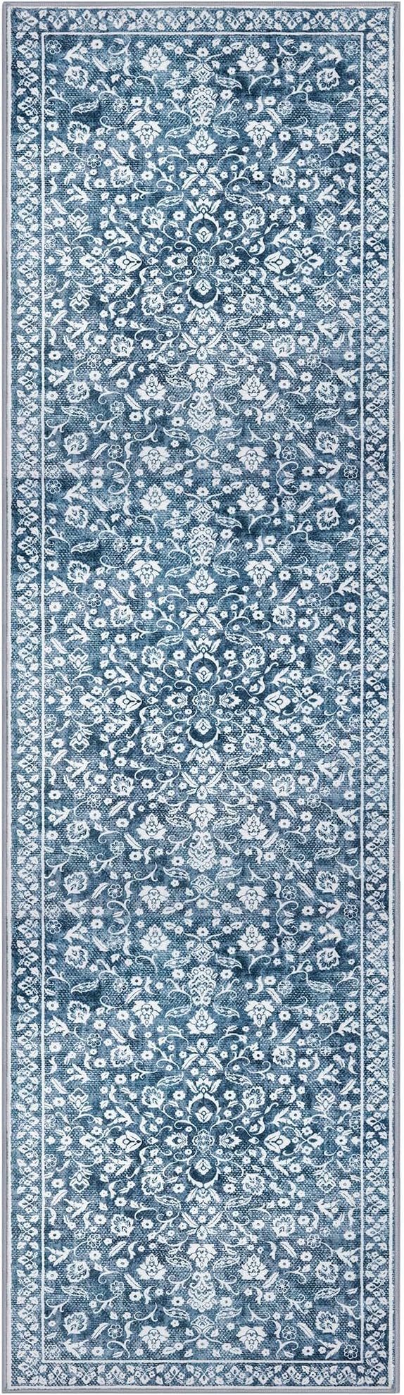 Vintage Runner Rugs for Hallway 3x10, Blue and White Washable Long Hallway Runner Rug Non Slip, Super Soft Kitchen Runner Rug, Print Faux Wool Floral Thin Carpet Hall Runner