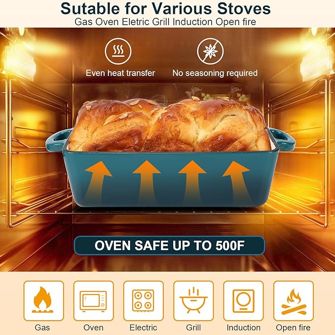 9x5 Inch Enameled Cast Iron Loaf Pan with Lid | 2 in 1 Homemade Sourdough Bread Baking Pan for Homemade Bread, Cake, Meatloaf | Durable 2 Piece Set, Blue Color