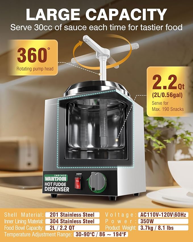 WantJoin Nacho Cheese Dispenser with Pump - 2.2Qt Nacho Cheese Warmer, Commercial Hot Fudge Dispenser W/5-Level Temperature Adjustment for Stainless Steel Hot Fudge Warmer, Cheese Caramel