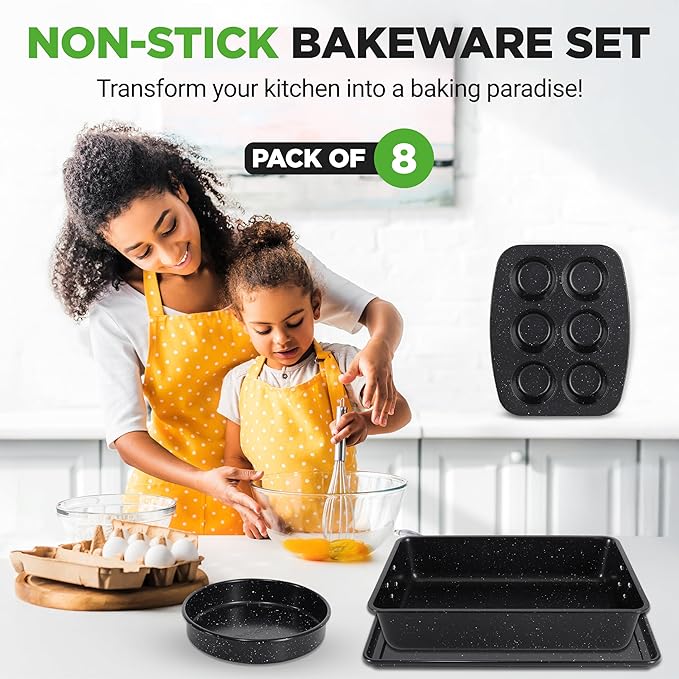 NutriChef 8-Piece Stackable Bakeware Set - Carbon Steel Non-Stick Baking Pan Set, Sheet, Muffin, Round, Loaf, Square Cake & Deep Pans, 450°F Heat Resistant, Standard & Convection Ovens (Black Marble)