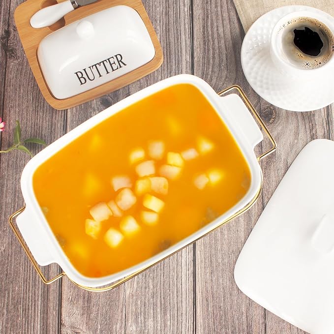 Casserole Dish with Lids 1.7 Quart Ceramic Bakeware Set with Lids and rack, 10 x 7 Lasagna Pan Deep with Lid, Rectangular Bakeware With Handle, Microwave, Dishwasher, Oven Safe, White