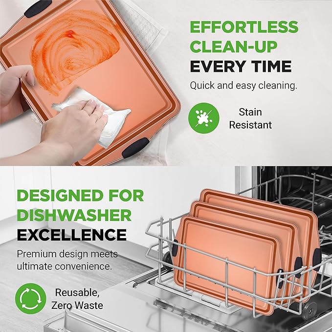 NutriChef 3 Piece Cookie Sheets for Baking - PFOA, PFOS, PTFE Free Nonstick Carbon Steel Bakeware Set - Home Kitchen Bake Pan Cookie Sheet Stackable Baking Sheet w/Black Silicone Handles NCSBS3S45