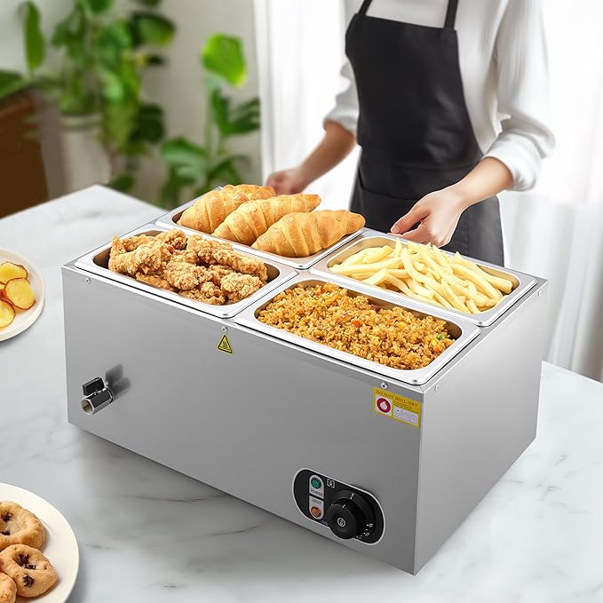 WILPREP Single-Well Commercial Food Warmer with Four 1/4 Pans, Electric Warmer for Food with Adjustable Temp. & Auto Shutoff, Stainless Steel Food Heating Unit for Buffet Food Truck Hotel Catering