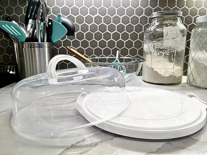Pie, Cheesecake Carrier for up to 10 in x 4 1/2 in cake. Two Sided Fashionable Stand Doubles as Five Section Serving Tray Perfect Taker Caddie for Travel (White)