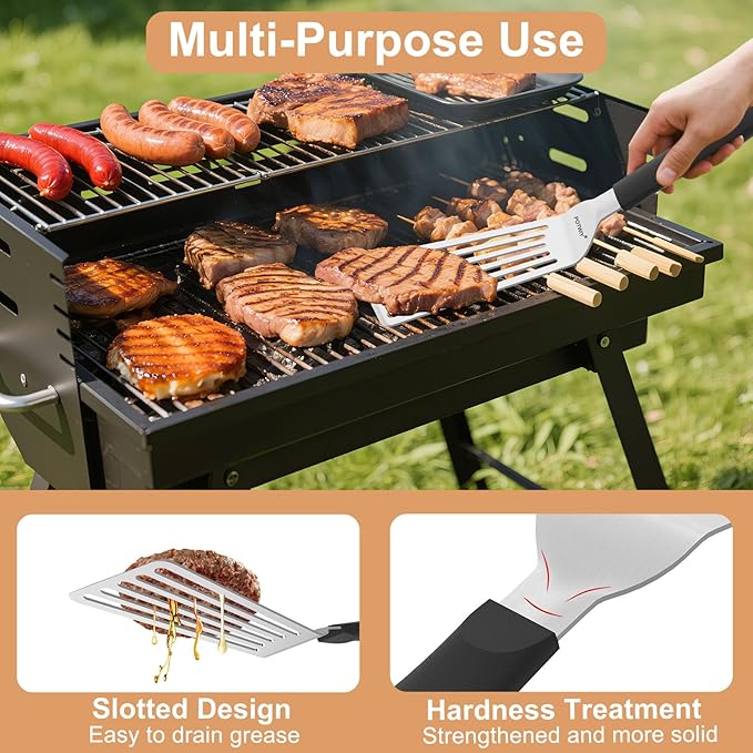 Stainless Steel Spatula Set, 13.3" Large & 11.3" Small Slotted Fish Turner with Silicone Handle, Metal Spatulas for Kitchen, Grilling, Cooking Utensils Flipper for Fish, Egg, Pancake (2 Pack)