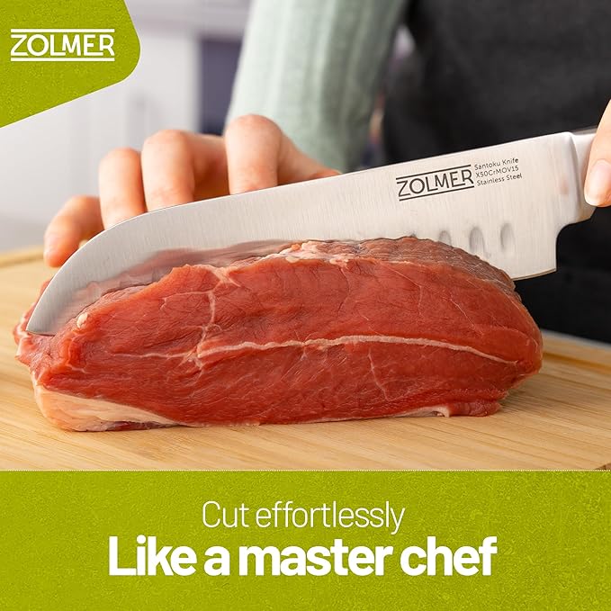 ZOLMER® Santoku Knife 7 Inch Blade – Extra Sharp Japanese Chef Knife – All-Purpose Kitchen Tool with German Wood Handle for Precision Cutting