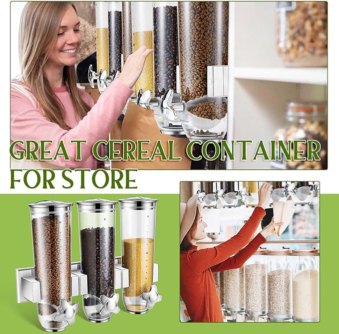 Umigy 2 Pcs Candy Dispenser Wall Mounted, Triple Dry Cereal Grain Dispenser Machine Wall Mount, Food Storage Container for Pantry Snack with 3 Cup for Kitchen, 39 oz (Silver)