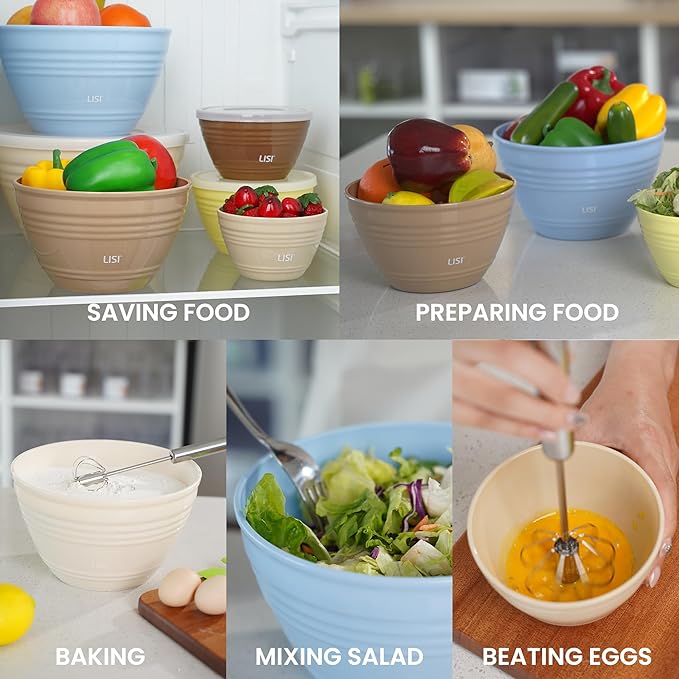 LISI 6 Pack Mixing Bowl Set with Lids, Plastic Bowls for Kitchen, Nesting Salad & Meal Prep Bowls, BPA-Free, Large Storage Bowl with Airtight Lids