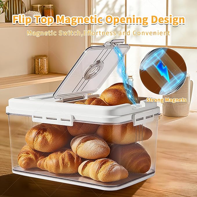 Bread Box For Kitchen Countertop With Bread Clip, Airtight Bread Storage Container, Time Recording Bread Keeper with Lid For Homemade Breads, Toast, And Cookies, White Bread Holder.