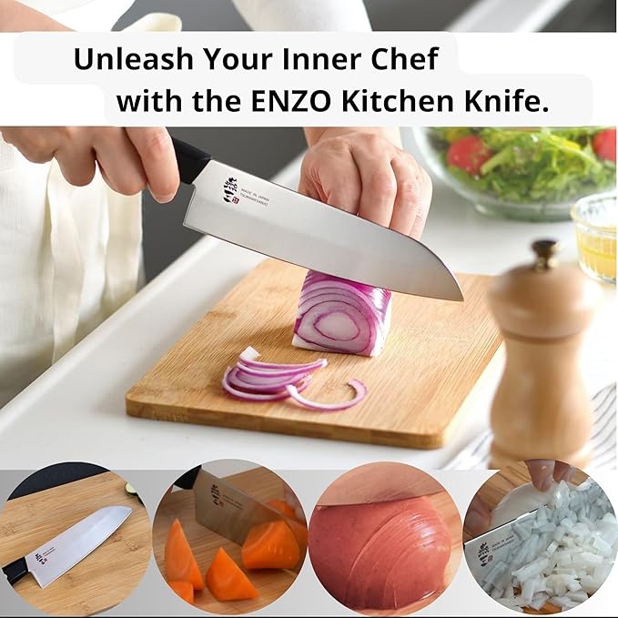 Japanese Chef Knife, 6" Small Santoku by Enzo, Hand Forged, Tsubame Sanjyo Stainless Steel, Light Weight and Versatile, Wear/Corrosion Resistance, 10.6" Total Length