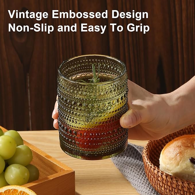 Vintage Hobnail Drinking Glasses Set of 8,Green 12 oz & 15oz Highball Glass Cups, Kitchen Drinkware Glassware,Embossed Water Tumbler,for Beer,Cocktail,Whiskey,Juice and Various Mixed Drinks