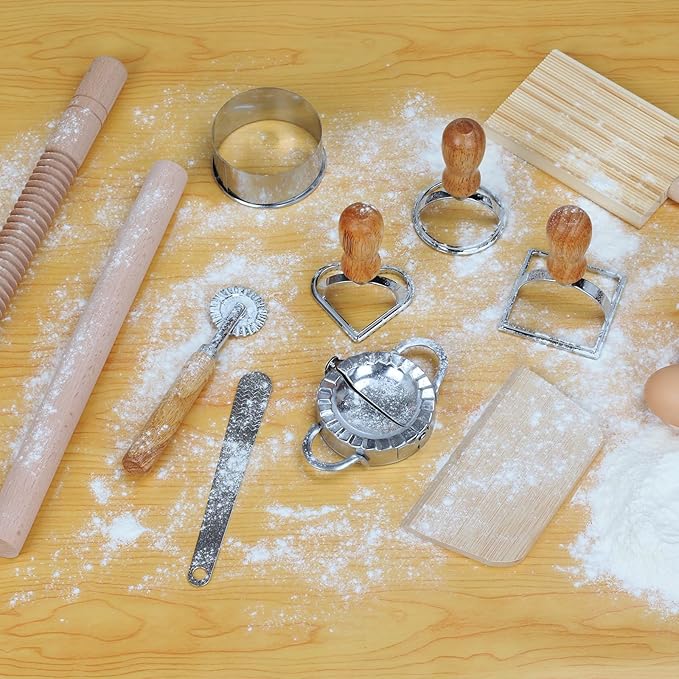 11 Pcs Pasta Making Tools Kit - Includes Wooden Gnocchi Board with Ravioli Stamp Cutter, Threaded Rolling Pin, Dumpling and Pasta Maker - Gift for Homemade kitchen Baking Lovers