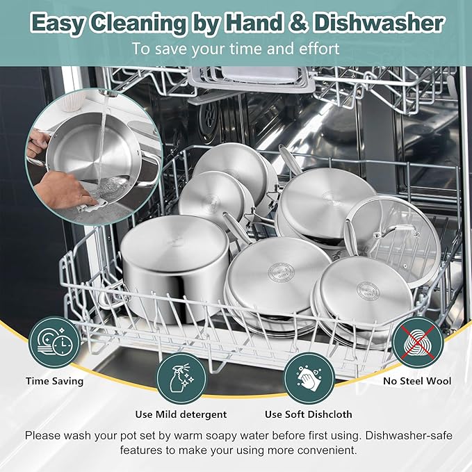 P&P CHEF 10 Pcs Pots and Pans Set, Stainless Steel Cookware Sets for Kitchen, Induction Cookware Non-toxic Kitchen Cooking Set w/Fry Pans, Saucepans, Stockpot, Saute Pan, Dishwasher Safe