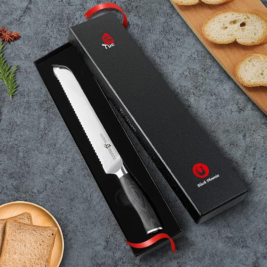 TUO Bread Knife, 9 inch Serrated Knife for Slicing Homemade Sourdough Bread,German HC Steel,Easy Grip Pakkawood Handle, Gift Box, Fiery Phoenix Series - Black