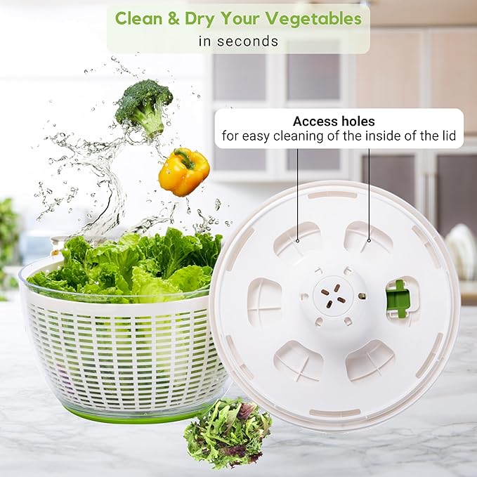 Brieftons QuickPush Salad Spinner: Large 6.3-Quart Vegetable Washer Dryer Strainer Drainer, Easy One-Handed Handle & Brake, Fast Spin Cycles, Compact Storage, to Wash, Clean & Dry Vegetables, Fruits