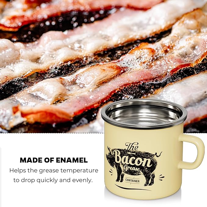 PGYARD Mini Bacon Grease Container With Strainer - 15OZ Enamel Grease Saver, Farmhouse Bacon Grease Keeper For Kitchen Fat Storage-Beige