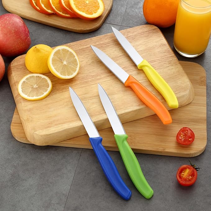 BEWOS Paring Knife, Straight Edge Paring Knives Set of 4, Ergonomic Handle, Ultra Sharp Kitchen Knife, Colorful PP Plastic Handle, 4.1-inch Pointed Tip (Orange, Yellow, Blue, Green)