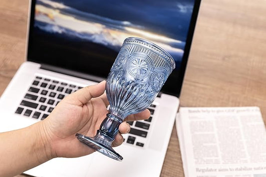 48 Pack Vintage Wine Glasses, Plastic Reusable 12 Ounce Colored Water Goblets, Unique Flower Embossed Pattern Unbreakable Stemmed Wine Glasses High Clear Wedding Party Bar Drinking Cups Blue