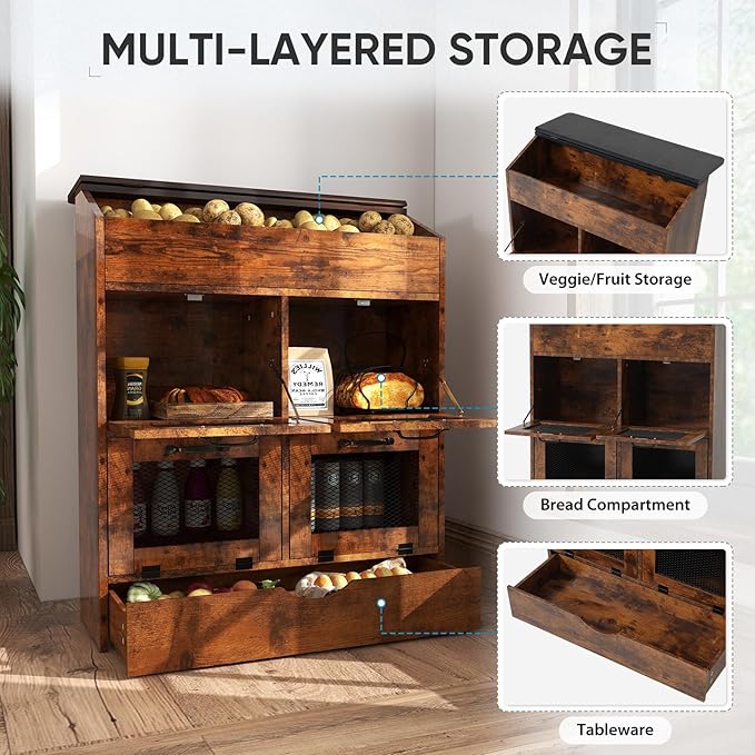 Verano Garden Large Potato Storage Bin, Wooden Bread Box with Lid, Potato and Onion Storage Bin with 4 Mesh Doors & Removable Drawer, Fruit and Vegetable Storage Rack for Kitchen (Rustic Brown, 31.5")