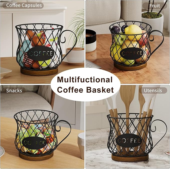 YINMIT K Cup Holder Organizer, Rustic Coffee Pod Holder Organizer, 35 Kcup Holder for Counter with Handle,Large Capacity Black Wire Coffee Capsule Basket for Kitchen Office Desktop (Circular Grid)