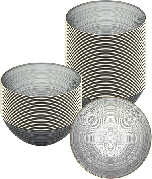 Restaurantware Plastic Bowls 100 Pcs 16 oz Gold Rimmed Disposable Soup Bowls Heavy-Duty Black Translucent Rippled Dinnerware Containers for Party, Desserts, Salads, Snacks, and Catering