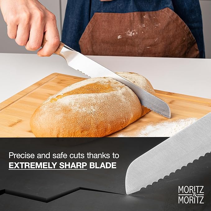 Moritz & Moritz 8-Inch Serrated Bread Knife β Professional Kitchen Bread Knife for Homemade Bread, Baguettes, Pastries & Cakes β Sharp German Stainless Steel Blade with Ergonomic Acacia Wood Handle