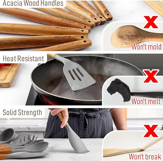 Zulay Kitchen Utensils Set Non-Stick Silicone Cooking Utensils Set with Authentic Acacia Wood Handles - 8 Piece Set - Silicone Kitchen Utensils Set with 464°F Heat Resistance - Gray