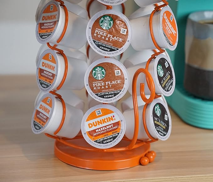 Made Easy Kit Carousel Coffee Pod Holder, Compatible with Keurig K-Pods K-Cups, Countertop Rack Storage Organizer, Metal Home and Kitchen Decor, Capsule Café Station Bar (Small, Orange Cat)