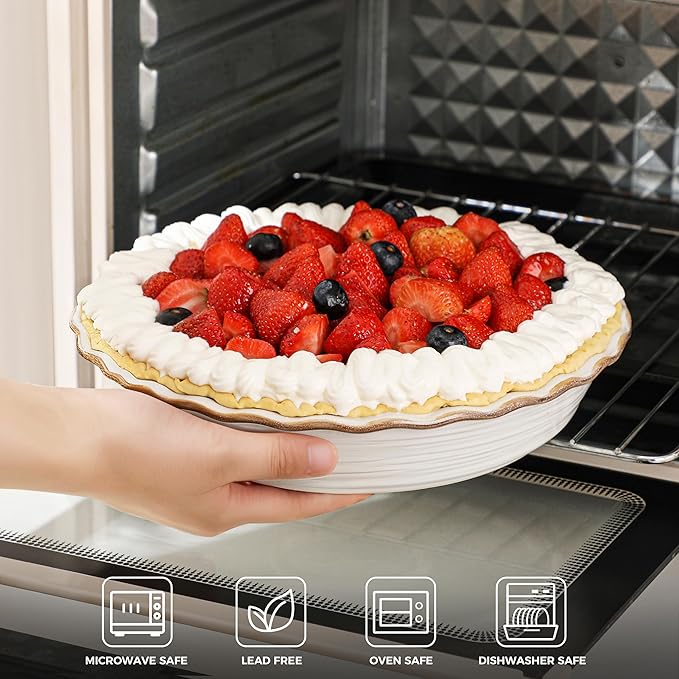 Frewinky Ceramic Pie Pan for Baking, 9 inch Pie Dish with Ruffled Edge, Nonstick Deep Pie Plate, Farmhouse Decor Quiche Tart Baking Dish for Thanksgiving, Microwave & Oven Safe, Set of 2