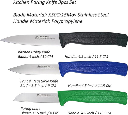 Paring Knife Set, MATTSTONE HILL Kitchen Knife Set - Fruit & Vegetable Knives, Premium Stainless Steel Vegetable Knife, Black, Blue, Green