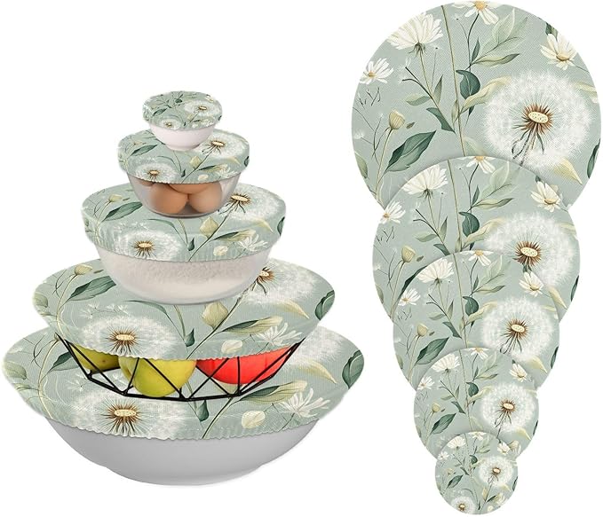 5 Pcs Bowl Covers Reusable in 5 Size Elastic Food Cover Cloth Lids Fresh Keeping Dish Cookware Bakeware Fabric Covers Lids for Food Leftovers Fruits Storage Sage Green Dandelion