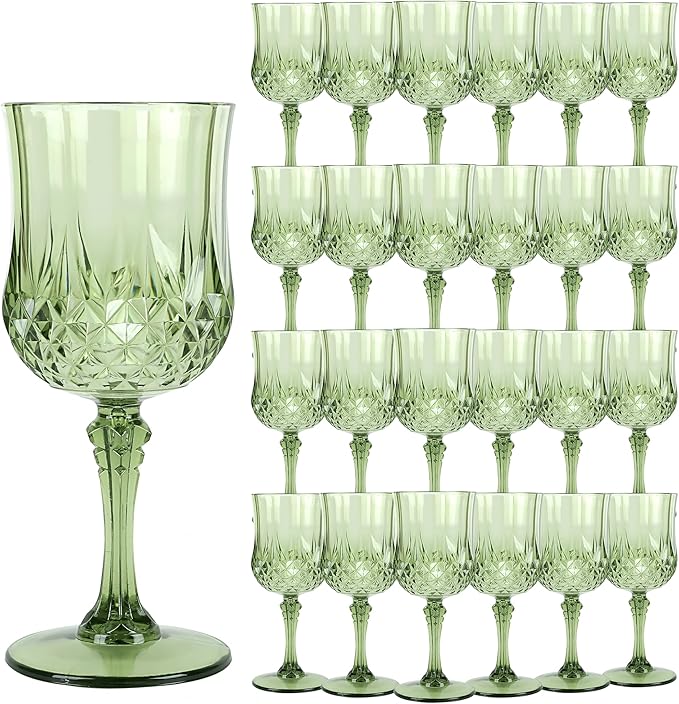 Plastic Wine Glasses,Plastic Goblets Vintage Style Cordial Drinking Glasses for Wedding Reception, Grand Event Party Supplies (24, New Green)