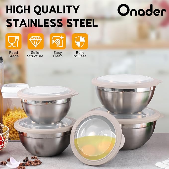 Onader Mixing Bowl Set of 5 for Kitchen, Stainless Steel Metal Nesting Mixing Bowls with Khaki Lids – Size 1.5, 2, 2.6, 3.5, 4.6QT