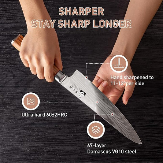 Damascus Knife Set with Block, Chef Knife Set Professional 67-Layer Damascus VG10 Steel, Olive Wood Handle with Gift Box